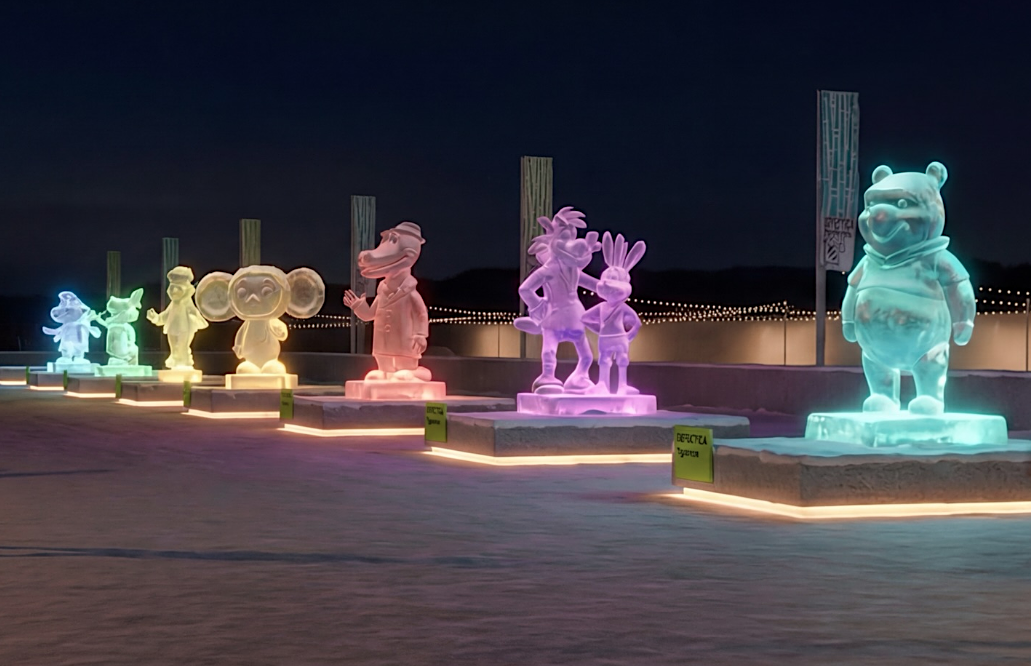 На зимнем скульптурном конкурсе в Якутии вырубили из льда персонажей «Союзмультфильма», которые станут частью ледового парка