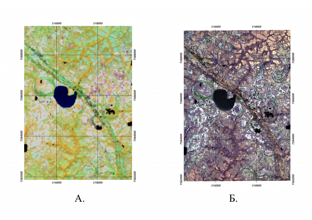Территория ключевого участка в Тазовской тундре со спутника LandSat-8 (А) и World-View-2 (Б)