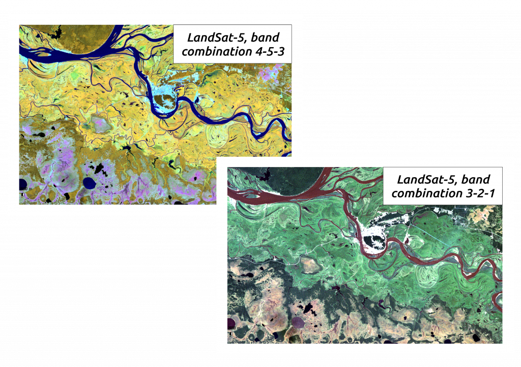 Территория вокруг города Ханты-Мансийскс ресурса LandSat-5 в различных комбинациях каналов
